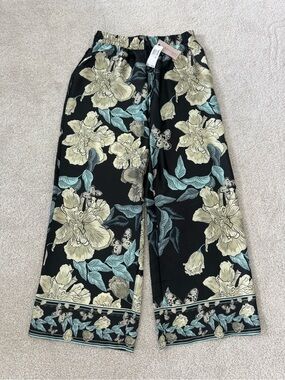 Philosophy Black Wide-Leg Floral Jumpsuit Pants with Cream & Teal Print NWT